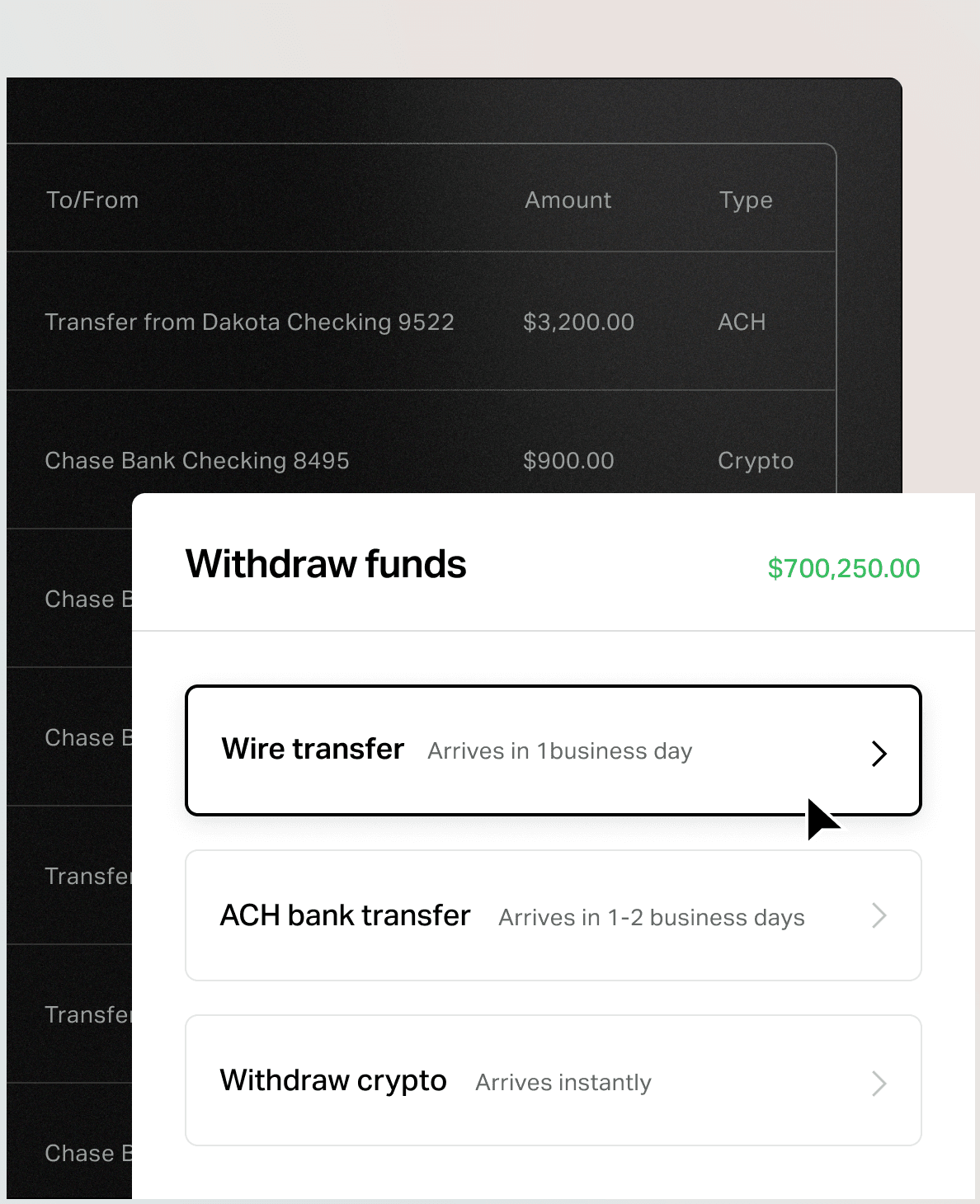 Payments screen in app